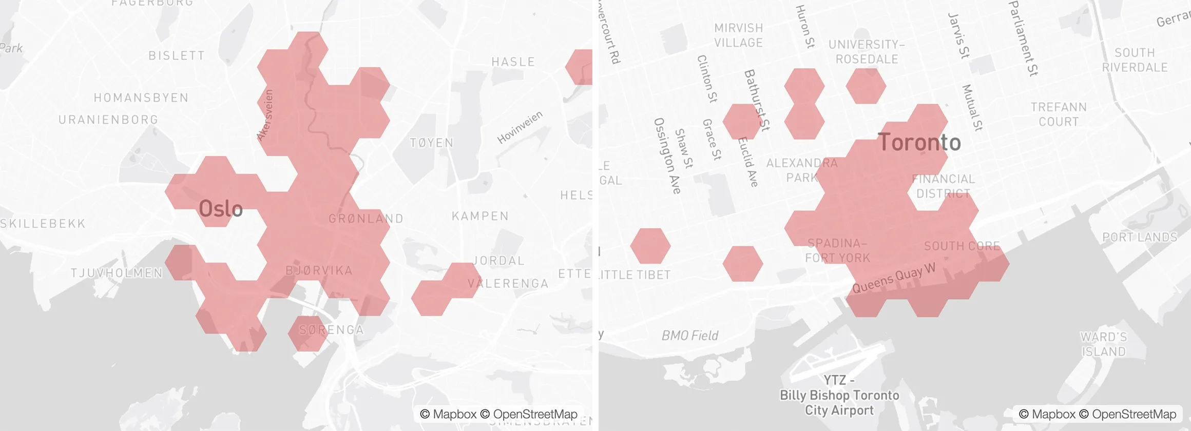 This screenshot shows a split-screen view of two city maps within a location timeline web application, zoomed in to street level. On the left is Oslo, Norway. On the right is Toronto, Canada. You can see that I only visited certain parts of those cities, while there is no activity in others.