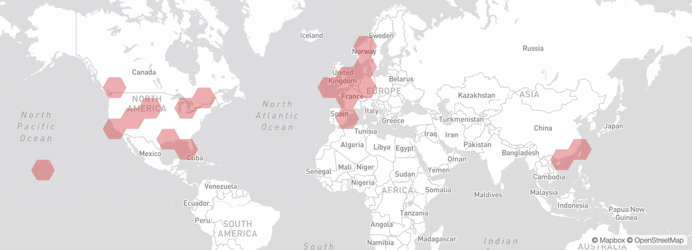 A screenshot showing a world map from the application described in this post, with hexagonal red clusters highlighting areas of recorded activity. The clusters are concentrated in North America and Europe, with sole points appearing in Taiwan and Hong Kong, as well as Hawaii.