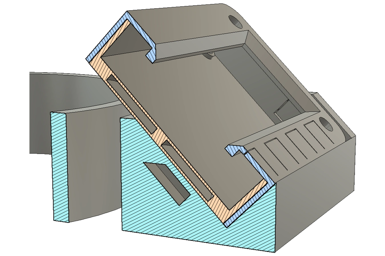 CAD section, showing the locations of the embedded magnets inside the base and the metal discs inside the display case.