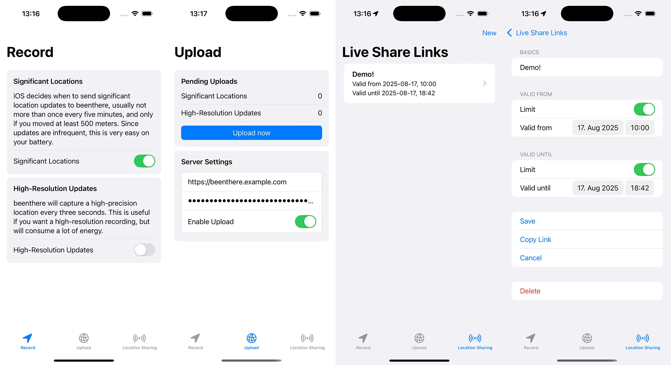 A collage of four screenshots of an iOS app. Record view: Lets me choose between low-power "Significant Locations" updates or frequent "High-Resolution Updates" every three seconds. Upload view: Shows pending uploads, allows manual upload, and configures server settings with an option to enable or disable uploads. Live Share Links list: Displays existing share links with their names and validity periods. Live Share Link editor: Allows creating or editing a link, setting validity start and end times, and provides options to save, copy, or delete the link.