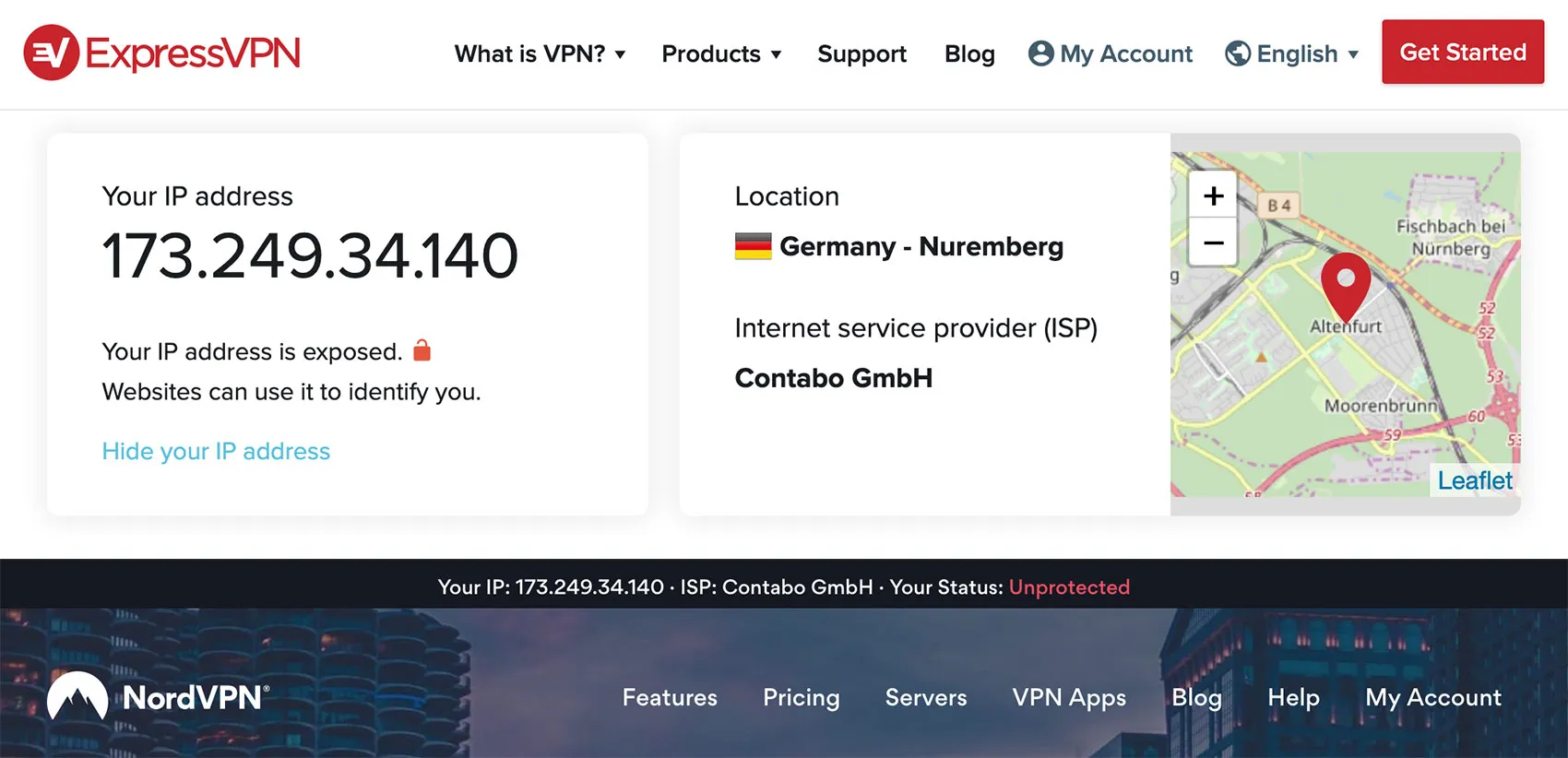 Two screenshots from VPN websites showing my \